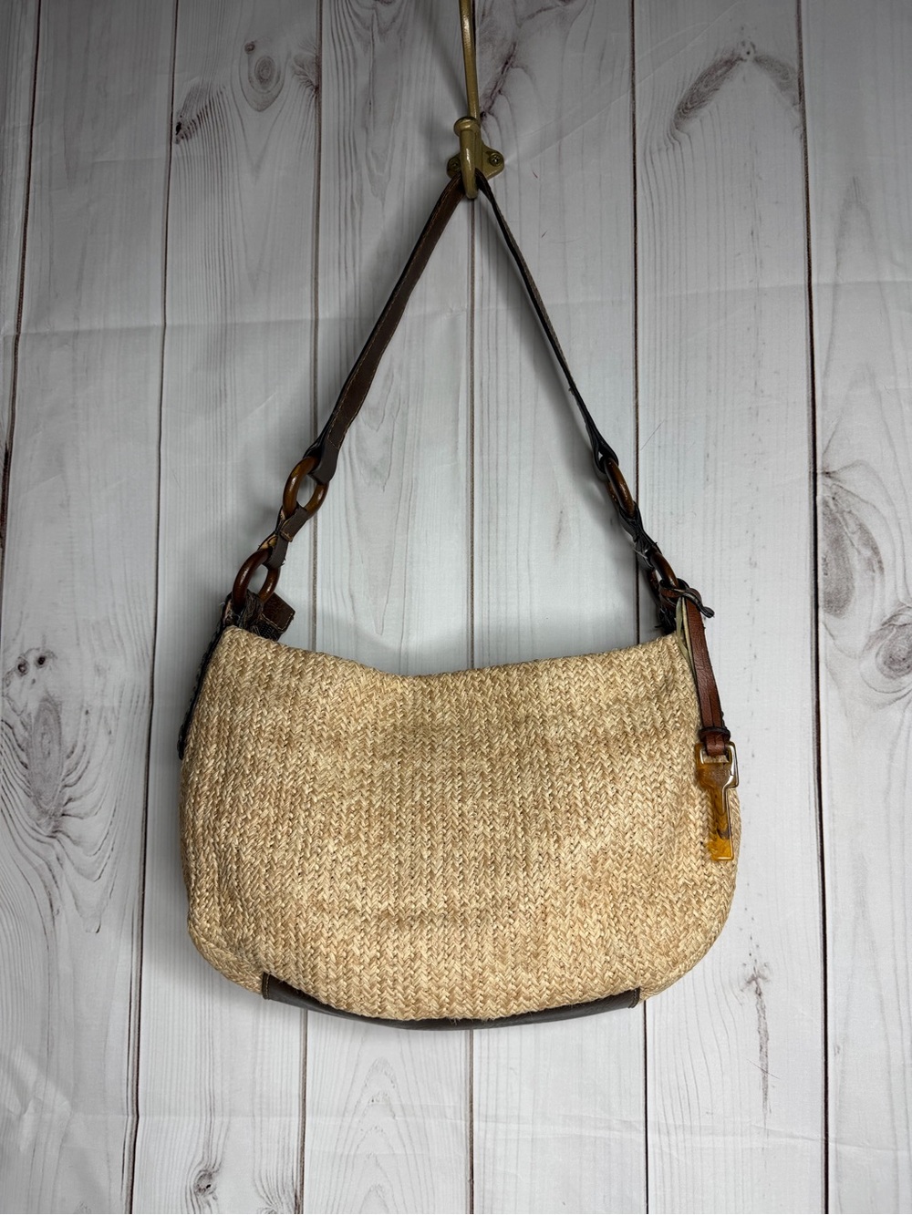 Fossil Straw-Texture Shoulder Bag with Brown Leather Strap and original key